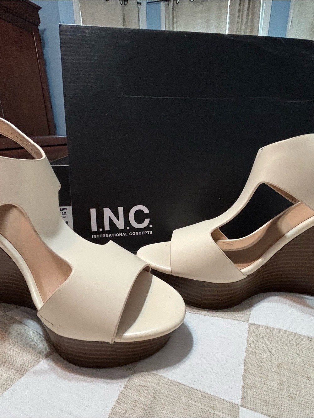 INC International Concepts Cream Open-Toe Platform Wedge Sandals